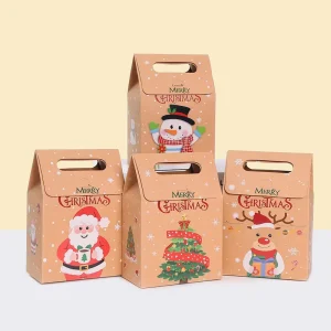 Eco Friendly Reusable Brown Kraft Gable Box Integrated Handle Custom Logo Festive Paper Treat Box Promotion Christmas