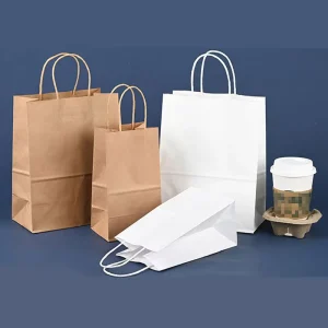 Eco Friendly Reusable Waterproof Shopping Kraft Paper Bags with Handle White/Brown for Restaurants Gifts & Drinks