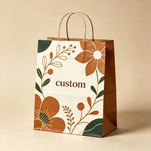 Eco Friendly Soft Matte Boho Floral Gold Foil Recycled Kraft Bag Twisted Handle Custom Logo Digital Printing Packaging