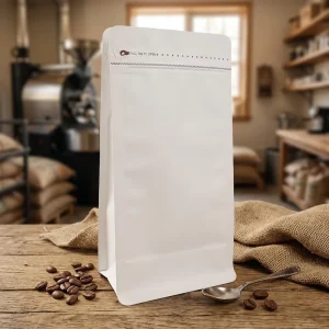 Eco Friendly White Kraft Flat Bottom Bag with Valve Custom Printed Coffee Packaging