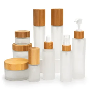 Eco Glass Jars and Bottles Cap with Bamboo Lid for Dropper Spray Wooden Packaging Frosted Cosmetic Sustainable