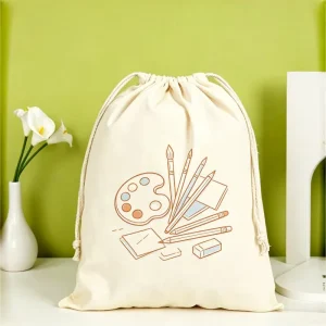Eco Recycled Canvas Simple Cartoon Pattern Open Closure Draw Sack Reusable Shopping Bag for Vegetables Fruits Daily Groceries