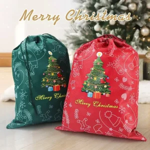 Eco friendly Christmas Festive Red Gift Packaging Pouch Dust Non woven Drawstring Bag with Custom Printing for Candy and Favors
