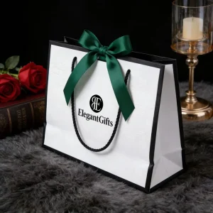 Eco friendly Luxury Recycled Cardboard Paper Bag with Ribbon Bow Tie Handle for Retail Promotion Packaging with Hot Stamping