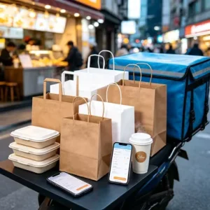 Eco friendly Recyclable Brown Kraft Paper Takeaway Bag Sustainable Food Delivery Bag with Handle Custom Logo Biodegradable