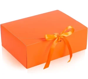 Eco friendly Recycled Materials Orange Satin Ribbon Closed Gift Box Embossing Matt Lamination Sponge Lining Stamping Custom Logo