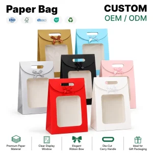 Elegant Recyclable Paperboard Bags Clear Display Window Magnetic Closure Ribbon Bow Die Cut Handle for Bakery Gift Packaging