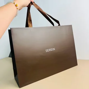 Embedded Ribbon Handle Luxury Rigid Cardboard Brown Paper Bag for Shopping Boutique with Logo Printing