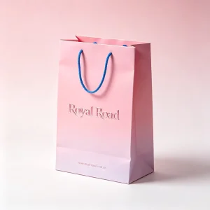 Embossed Logo Pink Gradient Long Coated Paper Bag with Lamination Blue Ribbon Handle Custom Printed Website Gift Shopping