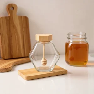 Empty 100ml 220ml 380ml Hexagon Food Grade Glass Honey Pot Jar with Wooden Bamboo Lid
