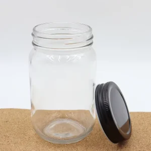 Empty 500ml Clear Wide Mouth Glass Mason Jar Round Glass Jam Jar With Black Metal Lid