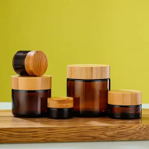 Empty Bamboo Cosmetic Packaging Jar 5ml 15ml 30ml 50ml 60ml 100ml Amber Frosted Glass Jars With Inner Liners Storage Holder