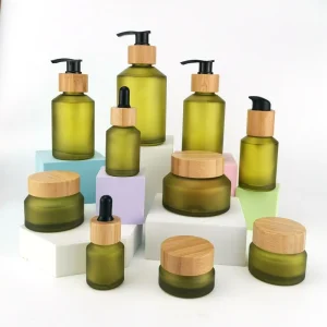 Empty Cosmetic Skincare Packaging Green Frosted Glass Jars & Bottles Bamboo Lid for Skin Care Serum Face Cream Lotion