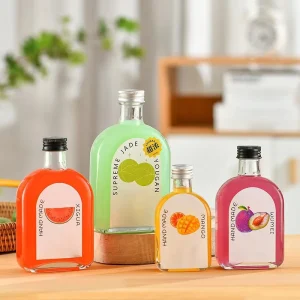 Empty Flat Square 100ml 200ml 250ml 300ml clear Cold Brew Coffee Fruit Wine Juice Glass Bottle for Beverage with Screw Cap