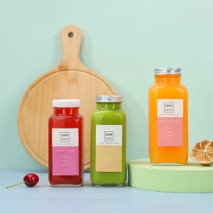 Empty French Square 8oz 12 oz 16oz Milk juice tea drink Transparent Glass Bottles 250ml 350ml 500ml with Cap