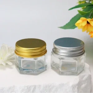 Empty Hexagonal Glass Jars with Metal Lids Screen Printed for Face & Eye Cream Storage
