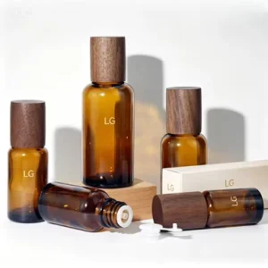 Essential Oil Glass Parfum 50ml 100ml Skincare Amber Empty Screw Dropper Bottles with Dark Bamboo Cap and Plug for Hair Oil