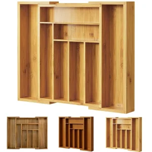 Expandable Bamboo Drawer Organizer Custom Private Label Adjustable Kitchen Utensil Tray Wood Storage Cutlery Holder Box