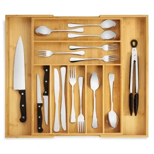 Expandable Eco Friendly Kitchen Utensil Drawer Organizer Bamboo Wood Cutlery Tray with Dividers