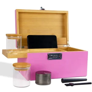 Extra Large Pink Painted Wooden Bamboo Storage Stash Box Smell Proof Jar Bamboo Stash Box with Rolling Tray and Combo Lock