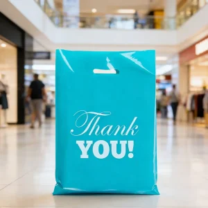 Extra Thick Glossy Die Cut Plastic Shopping Bags with Handles and Thank You Logo for Retail Boutique Merchandise Gifts Trade Shows