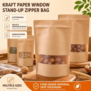 Factory 100pcs Pack Big Size Matte Kraft Paper Stand Up Zipper Top Pouch Window Heat Resistant Moisture Proof Food Grade Bag