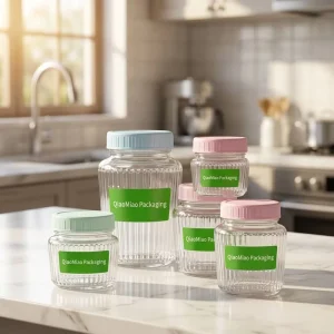 Factory 150ml 250ml 380ml 500ml Striped Embossed Glass Candy Jar with Plastic Cap for Food Storage