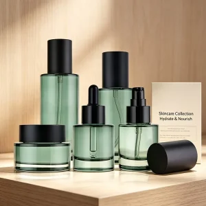Factory Cosmetic Glass Packing Combo 50g Jar 40ml 100ml 120ml 150ml Lotion Bottles with Matte Black Lid