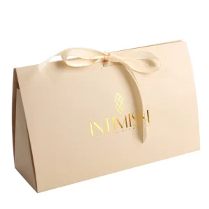 Factory Custom Coated Paper Folding Gift Bags Beige Paper Bags with Ribbon for Promotion