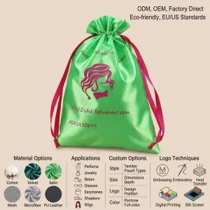 Factory Custom Logo Printed Satin Wigs Drawstring Bag Eco-Friendly Silk Dust Bag Packaging Pouch Bags for Shoes Promotion