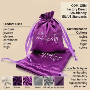 Factory Custom Logo Recyclable Silk Drawstring Bag Satin Dust Bag Packaging Pouch Bags for Hair Shoes Perfume