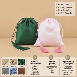 Factory Custom Logo Recyclable Silk Drawstring Bag Satin Dust Bag Packaging Pouch Bags for Hair Shoes & Perfume