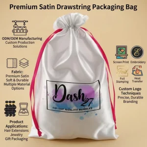 Factory Custom Logo Recyclable Silk Drawstring Bag, Satin Dust Bag Packaging Pouch for Hair, Shoes, Perfume