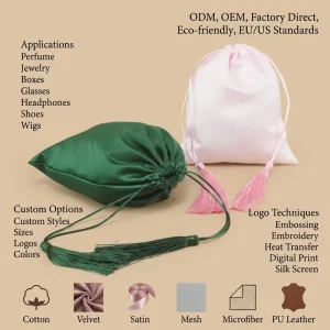 Factory Custom Logo Silk Drawstring Bag Satin Dust Bag Packaging Silk Pouch Bags for Hair Shoes Perfume
