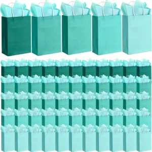 Factory Custom Printed Teal Blue Durable Eco Friendly Biodegradable Kraft Paper Gift Bags with Handles