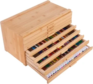 Factory Direct 9 Drawer Large Capacity Bamboo Wood Artist Supply Storage Box with Separate Compartments