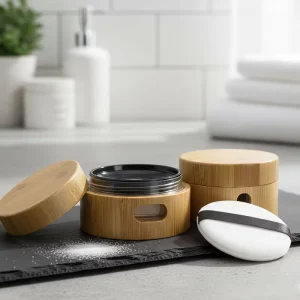 Factory Direct Bamboo Loose Powder Compact Box with Powder Puff Eco-Friendly Wooden Makeup Container with Window