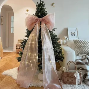 Factory Elegant Pink Organza Tulle Bow Large Sheer Ribbon Bow for Christmas Tree and Home Holiday Decoration