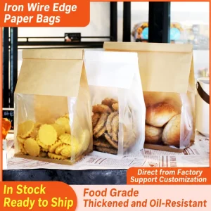 Factory Food Grade Greaseproof Kraft Paper Bakery Bag with Window Tin Tie Closure Flat Bottom Toast Bread Packaging Bag