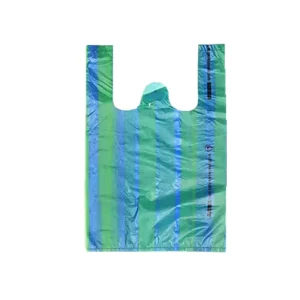 Factory Price Green and Blue Striped Custom Retail Poly Plastic T SHIRT Bags with Logo for Supermarket