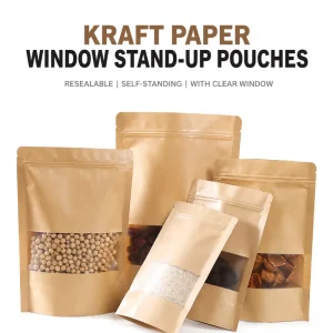Factory Stock Kraft Paper Stand Self Sealing Pouch Moisture Proof Zipper Top Clear Window Waterproof Resealable Food Bag