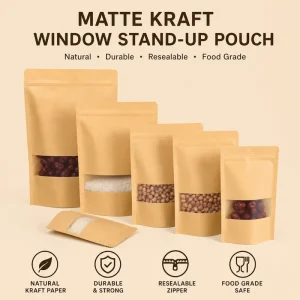 Factory Stock Matte Kraft Paper Stand Up Zipper Top Pouch Window Heat Resistant Moisture Proof Food Grade Bag 100pcs Pack Custom