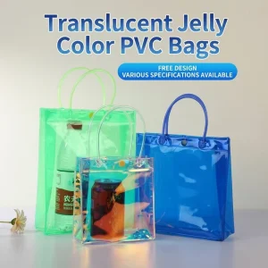 Factory direct gradient blue green transparent PVC plastic button handbag shopping bag customizable logo and handle