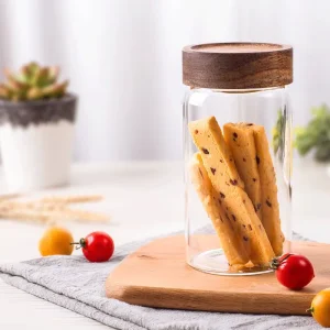 Factory made Acacia Wood Lid Threaded Opening Silicone Sealed Transparent Glass Jar Household Use Tea Herbal Infusions
