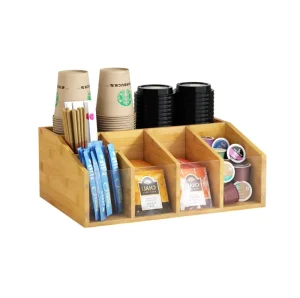 Farmhouse Bamboo Coffee Caddy with Removable Dividers Wood Coffee Station Organizer Condiment Organizer for Countertop