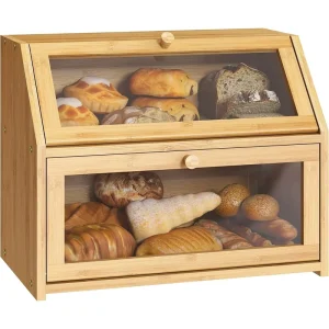 Farmhouse Double Layer Bamboo Wooden Bread Box Eco-Friendly Design Large Capacity Food Storage Container for Freshness
