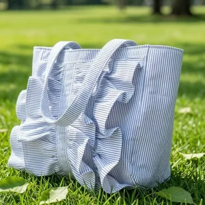 Fashion Eco-Friendly Personalized Ruffled Striped Portable Shopping Outdoor Travel Beach Tote Bag