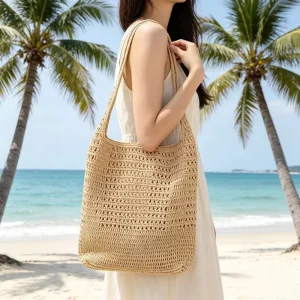 Fashion Letter Pattern Handwoven Straw Beach Tote Bag Summer Foldable Shoulder Bag for Women with Lace up Closure