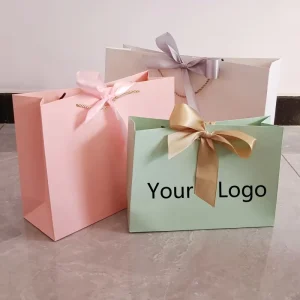 Fashion Ribbon Paper Gift Bags Packaging Colorful Reusable Shopping Bag Private Label Paper Bags for Business