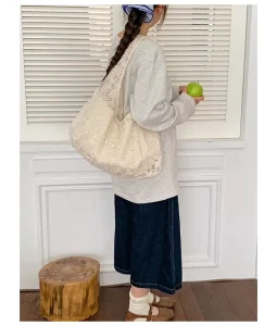 Fashion Summer Fairy White Lace Women Shopping Bag Embroidery Flower Lightweight Beach Shoulder Bag